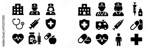 Health care symbols including hospital, nurses, doctors, and medical equipment for health and wellness contexts