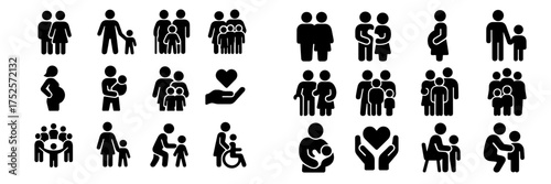 Collection of black and white icons representing families, relationships, and parenting in various scenarios