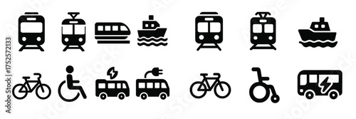 Collection of transportation icons depicting various modes of travel including bicycles, buses, boats, and trams