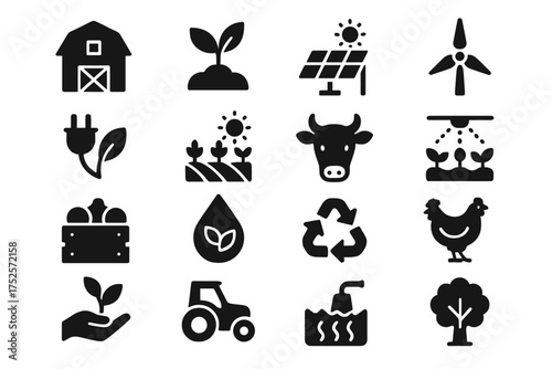 Sustainable farming activities with renewable energy symbols and nature focus showcased in various icons