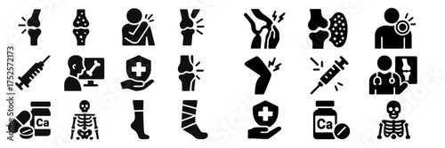 Symbols representing joint pain and medical treatments in a healthcare setting focusing on knee injuries and care