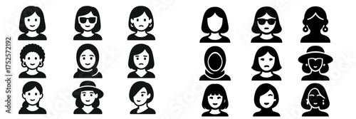 Variety of female faces representing different emotions and styles in a simple black and white design