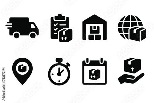 Delivery and logistics icons representing shipping, tracking, and receiving packages efficiently
