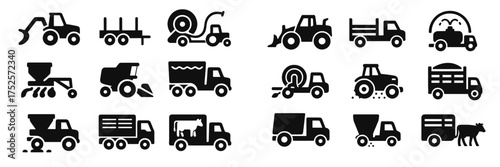 Various agricultural and farm-related icons depicting machinery and vehicles used in farming activities