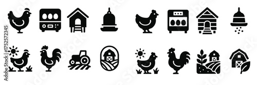 Farm symbols represent activities and elements of poultry care and agriculture in a simple black and white style