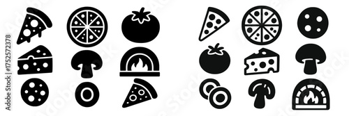 Different types of black and white food icons representing pizza, vegetables, and cheese arranged in a playful pattern