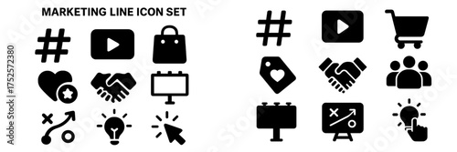 Marketing icon set featuring various symbols for digital promotion and engagement
