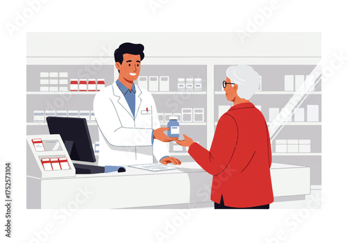 A pharmacist hands a bottle of medication to an elderly woman at the pharmacy counter.