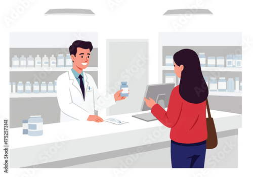 A pharmacist hands a bottle of medication to a female customer at the pharmacy counter.