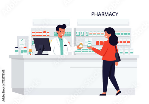 A pharmacist hands a prescription to a female customer at the pharmacy counter, with shelves of medicine in the background.