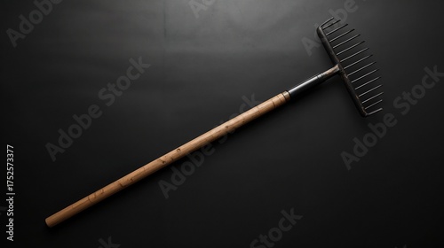 Gardening rake with a wooden handle on a black background.