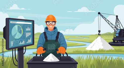 Automated salt harvesting process controlled by worker through digital interface
