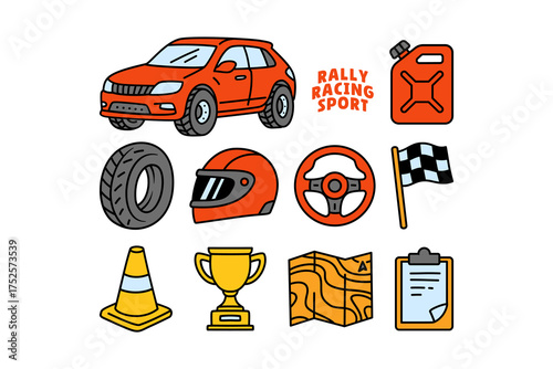 Rally racing kit icons in colorful cartoon style for motorsport sport. Automotive racing sport doodle for garage. Rally driving equipment pack element design with car, helmet, tire, trophy, map etc.