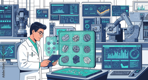 Futuristic laboratory research, advanced technology analysis and scientific assessment
