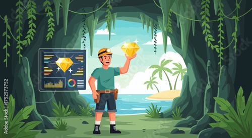 Adventures of a diamond prospector, examining a big diamond inside of the cave