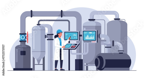Industrial factory control room with a female engineer monitoring operations