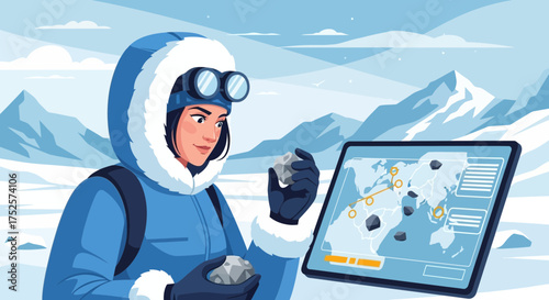 Arctic Explorer Using Tablet to Analyze Geological Findings in Snowy Landscape