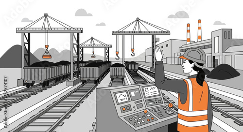 Coal mine industrial setting with operator, train carriages, and processing facility