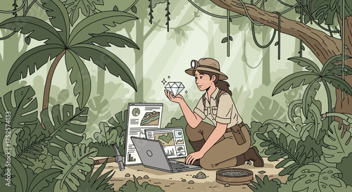 A woman geologist discovers a shining diamond during fieldwork in the lush jungle