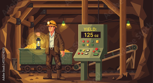 Cartoon illustration of a gold miner in a mine shaft with machine panel