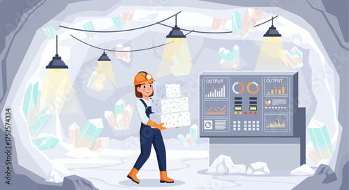Cartoon depiction of a woman mining in a cave with crystals and data displays