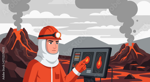 Volcanologist Analyzing Volcanic Activity Data on a Screen Near Erupting Volcanoes