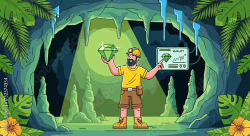 Triumphant miner showcases gem inside exotic cave while pointing towards data chart