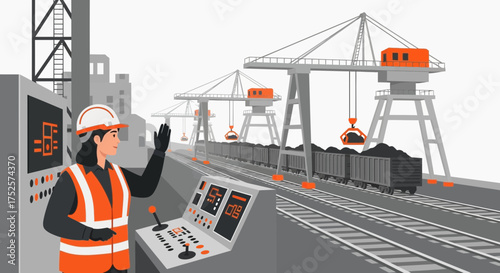 Illustration of a port operator in a control room overseeing coal loading operations