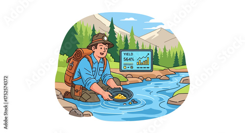 Prospector's high yield: A cartoon illustration of modern gold mining success