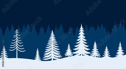 A beautiful winter forest scene with snow-covered evergreen trees under a dark blue night sky.