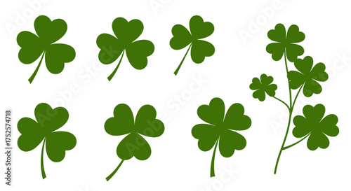 A collection of detailed illustrations depicting various lucky four leaf clover plants.