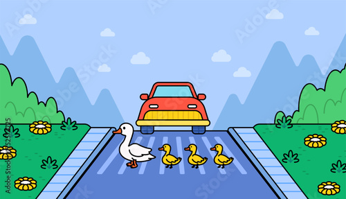 Adorable vector illustration of a duck family crossing the street on a crosswalk while a red car waits patiently. Perfect for concepts about safety, nature, family, or children education