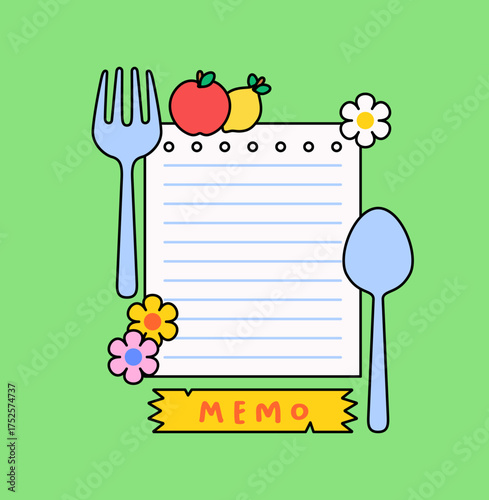 Memo pad with spoon and fork illustration for kitchen notes on green background