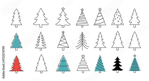 A collection of simple hand-drawn Christmas trees with various festive decorations and styles.