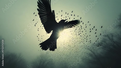 Silhouette of a majestic bird soaring through the sky with a flock of birds in the background.