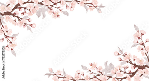 Beautifully delicate cherry blossom branches frame the white background in soft pink and grey.