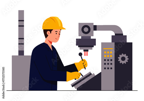 A worker wearing a hard hat and gloves operates a large industrial machine with levers and buttons in a factory setting.