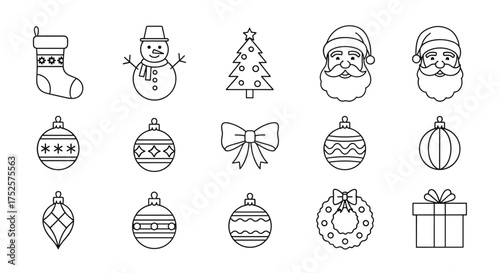 Collection of outline style christmas icons including stocking snowman tree santa claus baubles bow and gift.
