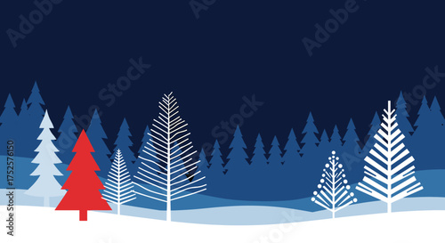 A winter forest scene with snow covered trees under a dark blue sky.