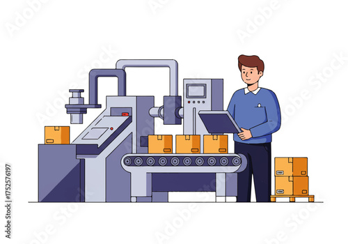 Man with clipboard overseeing automated packaging line with cardboard boxes moving along a conveyor belt in a factory.