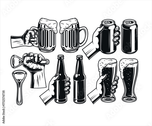 Hand Drawn Beverage Illustrations: Various hands are holding beverage containers. Illustrated in grayscale and suitable for a variety of thematic projects