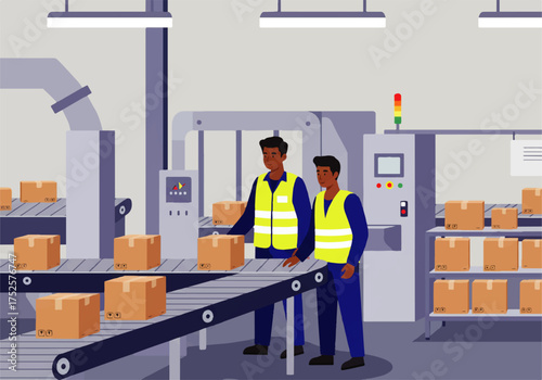 Two workers in a factory oversee a conveyor belt carrying cardboard boxes, with additional boxes stacked on shelves.