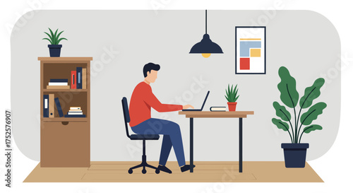 A man working on a laptop at a wooden desk indoors