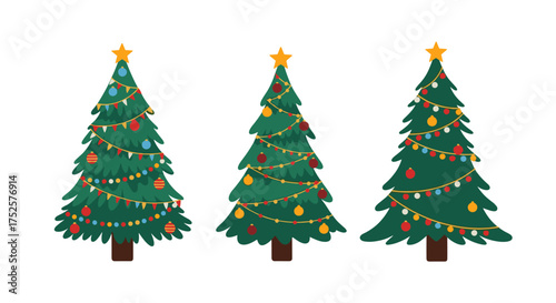 A festive collection of three beautifully decorated christmas trees with twinkling lights and ornaments.