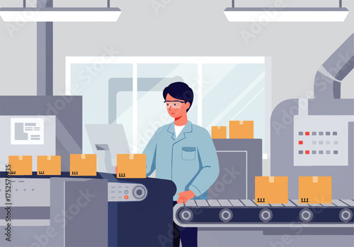 Man in lab coat inspects boxes on a conveyor belt in a factory setting with machinery and a large window in the background.