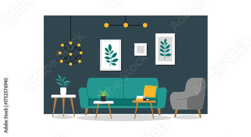 Modern living room interior with teal sofa plants and wall art
