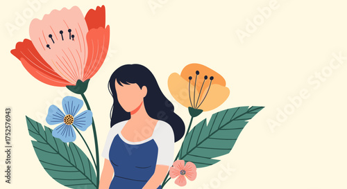 A gentle woman stands adorned with blooming flowers and lush green leaves celebrating beauty and nature.