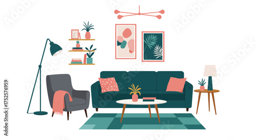 A cozy and stylish living room interior with mid century modern design