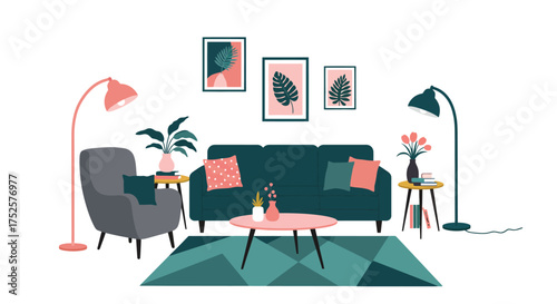 A stylish modern living room interior with plants and artwork displayed