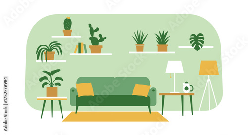 A cozy living room interior featuring plants and modern furniture